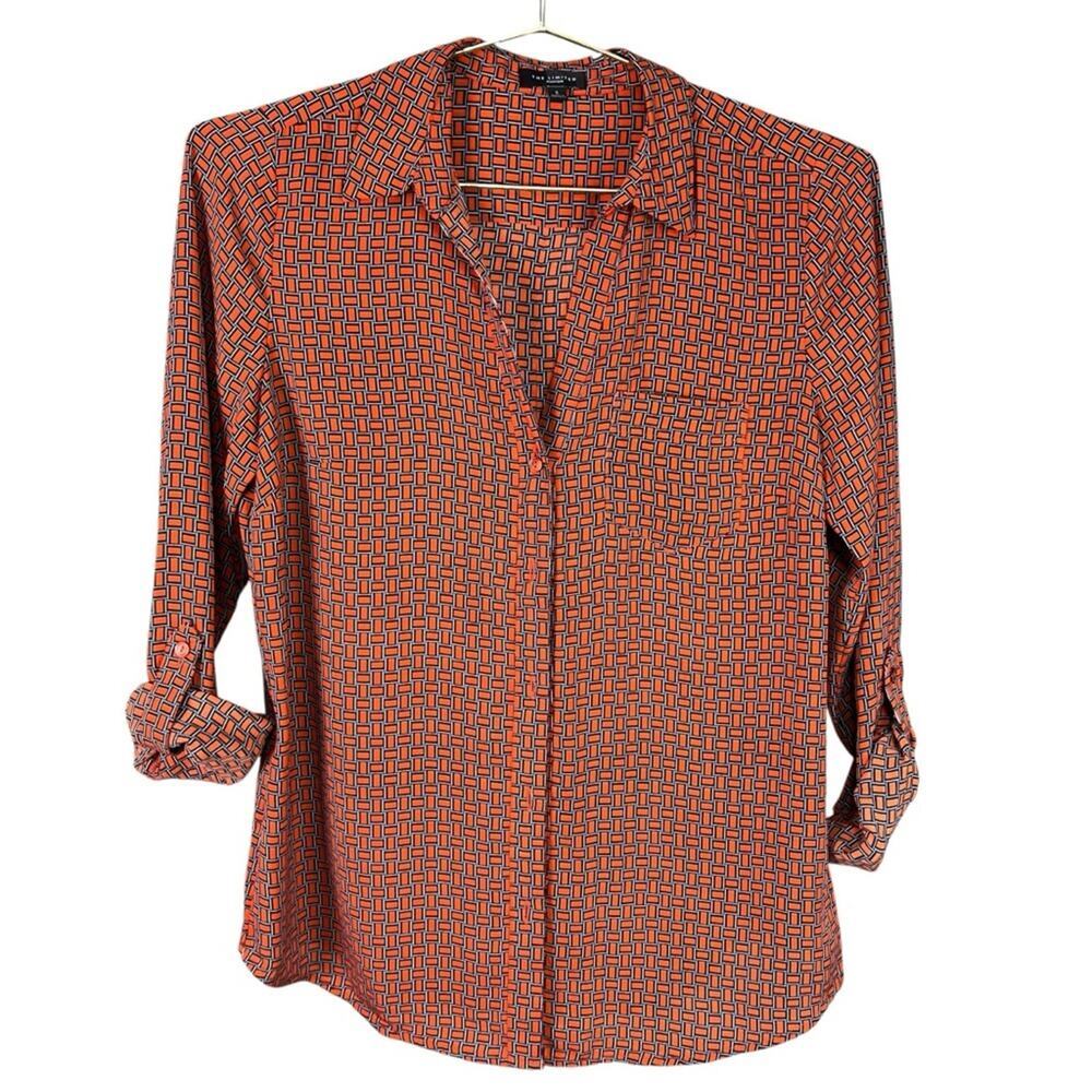 The Limited Ashton Button Down Roll Tab Blouse Orange Navy Women’s Size Small